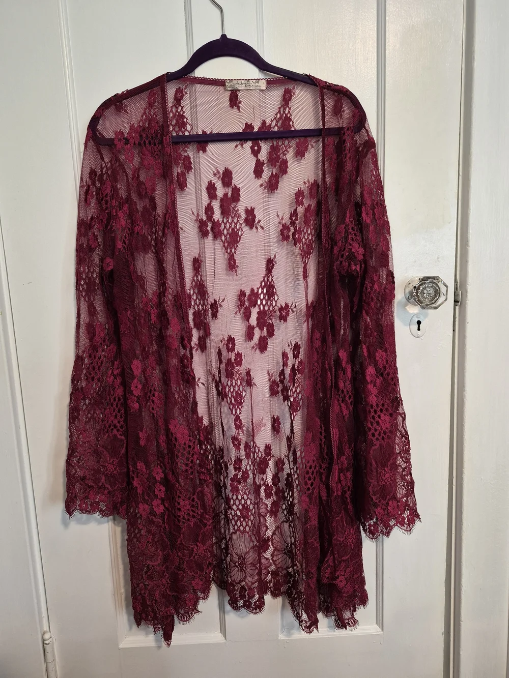 Sheer Burgundy Floral Lace Kimono Robe - Picture 1 of 4